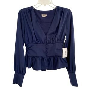 Jason Wu Navy Blue Satin Long Sleeve Button V-Neck Ruffle Peplum Blouse Top NWT